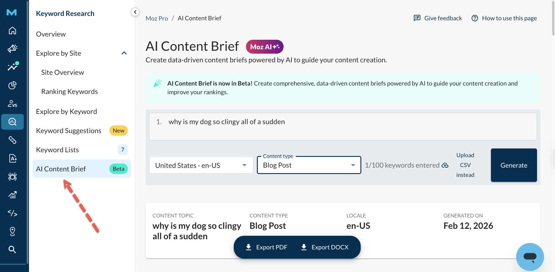 moz ai content brief step 1 generate