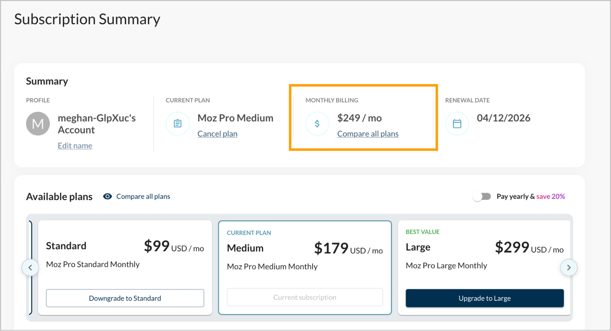 Screenshot showing where you can see your total cost per month.