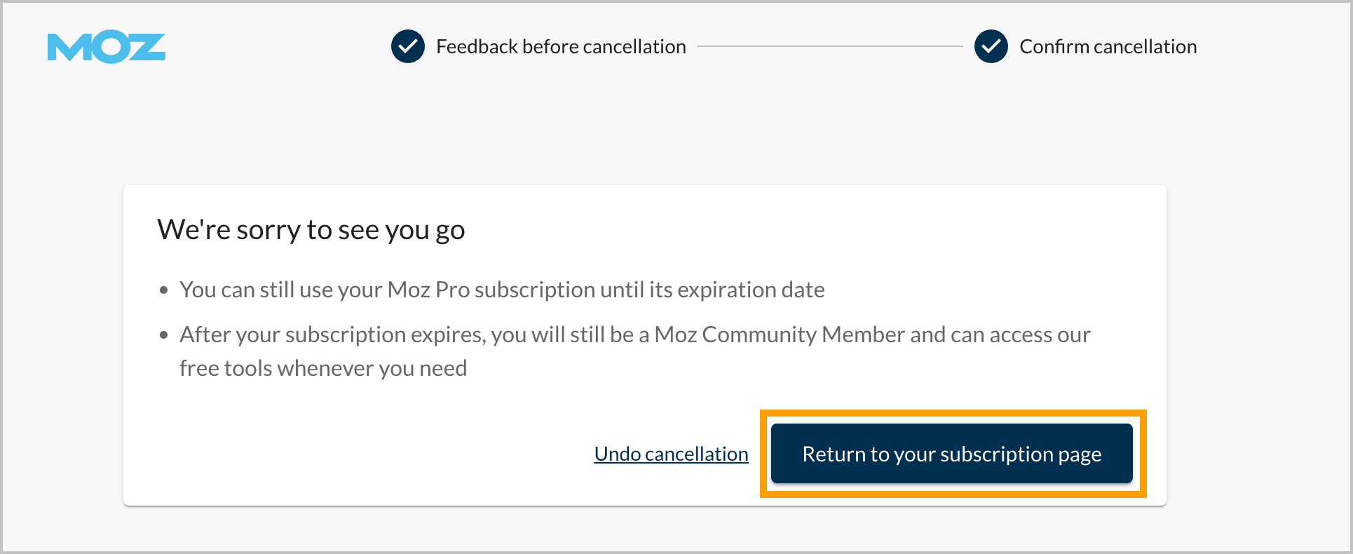 Screenshot of the confirmation that cancellation was completed.