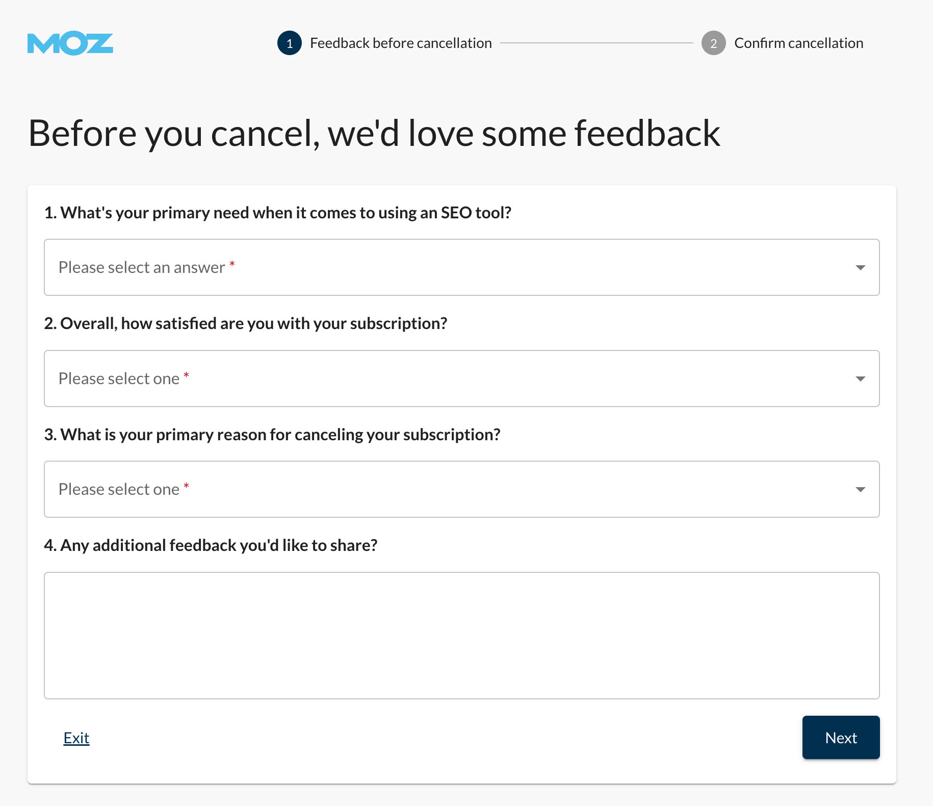 Screenshot of the cancellation survey.