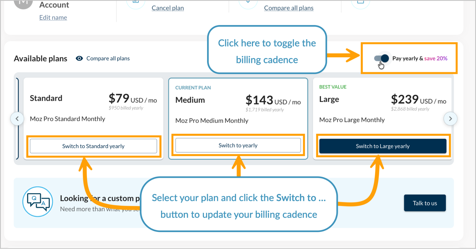 Screenshot of where to change your billing cadence.
