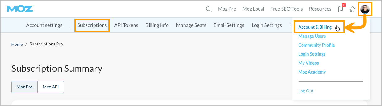 Screenshot of the subscription summary page in account and billing.