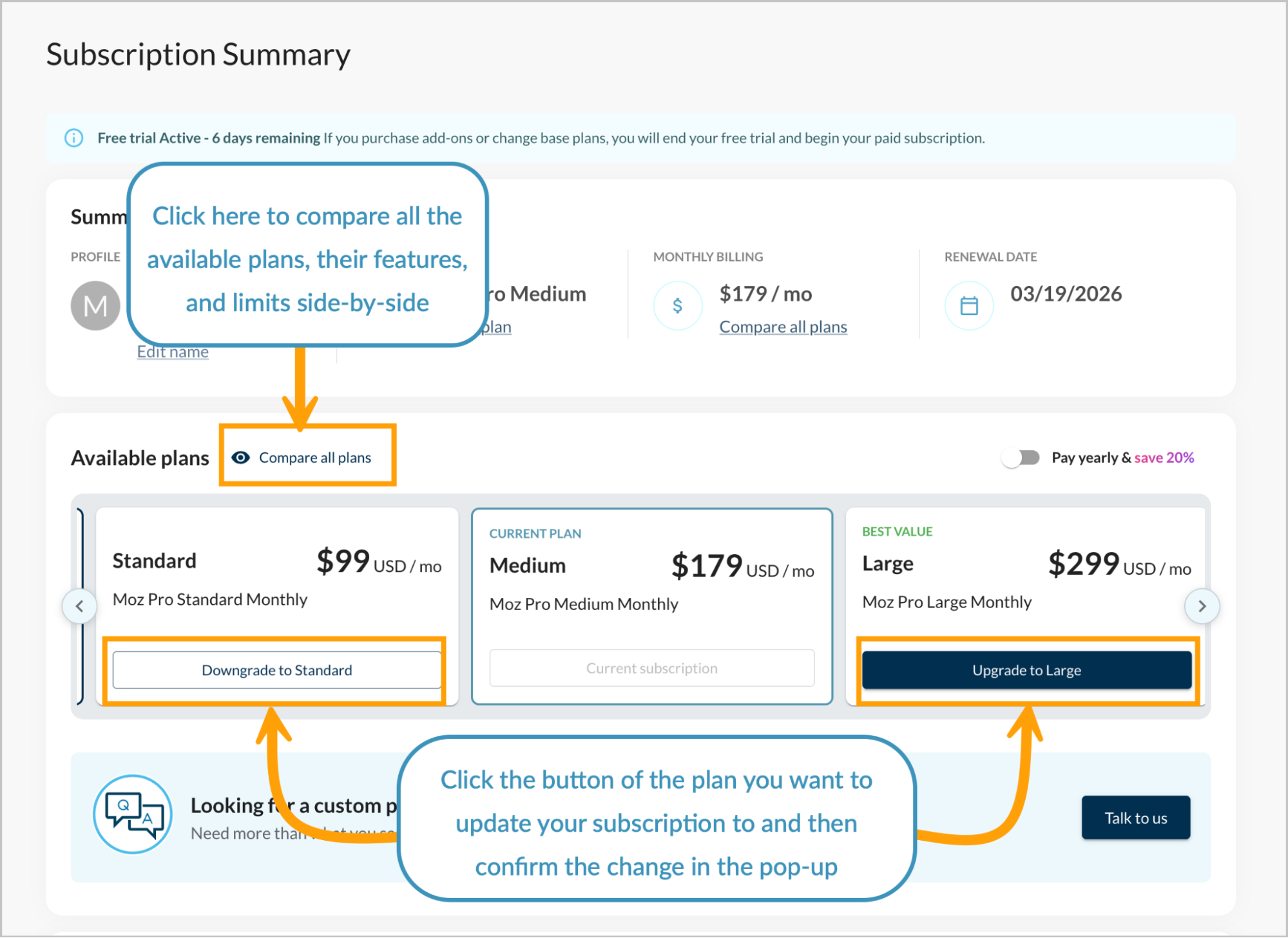 Screenshot showing where to click to change your subscription level.