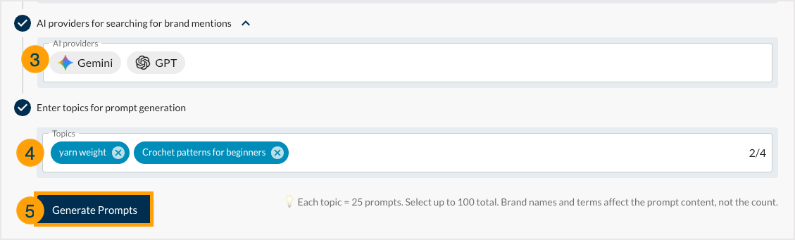 Screenshot showing the next 3 steps needed for setting up your AI visibility dashboard as outlined here.