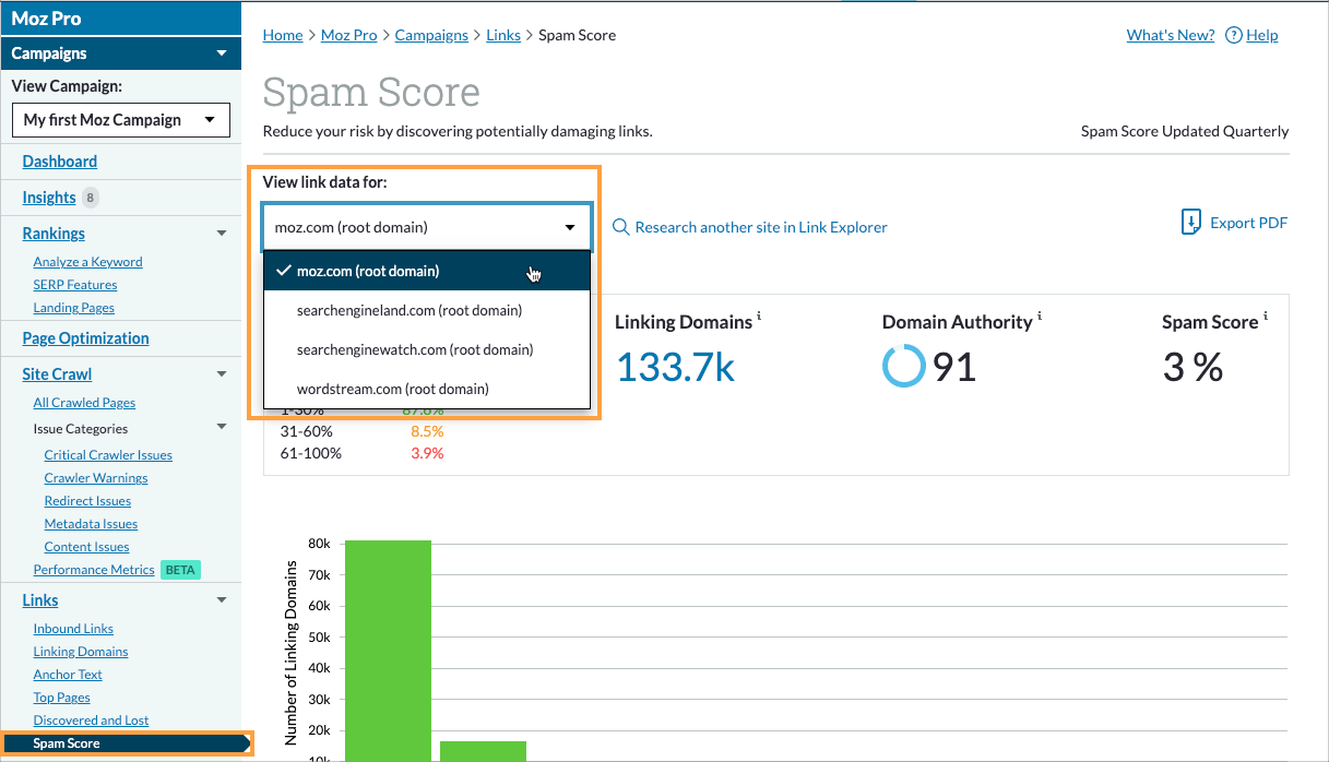 Location of Spam Score in the left hand navigation menu.